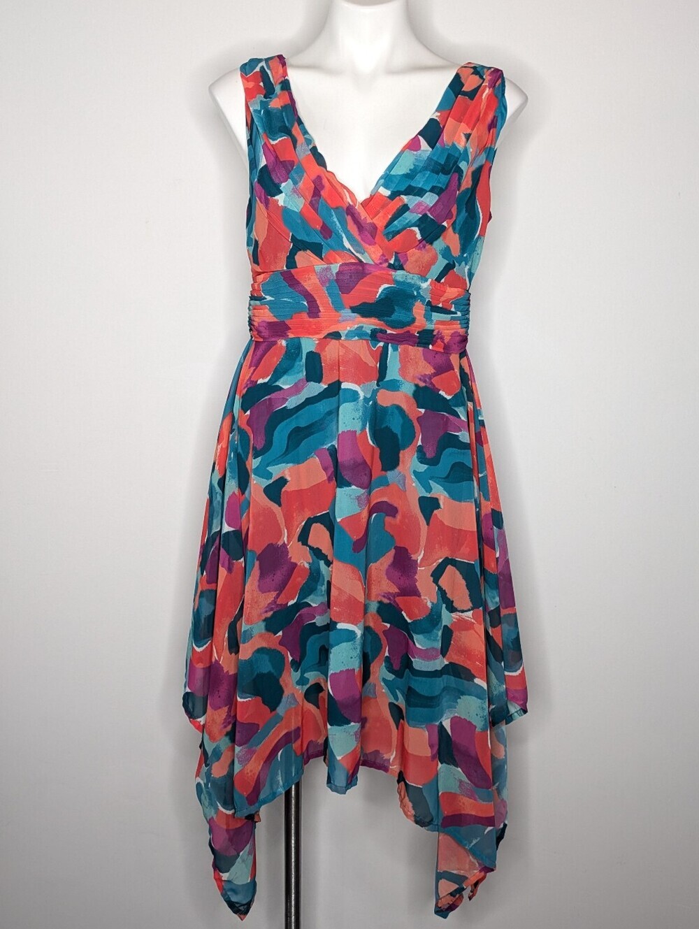 Masseys Blue Purple Abstract Handkerchief Hem V Neck Dress M
